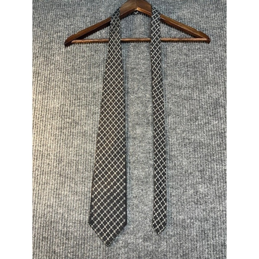 RBM Collection Mens Necktie Black Silver Geometric Square Pattern Silk Blend Tie